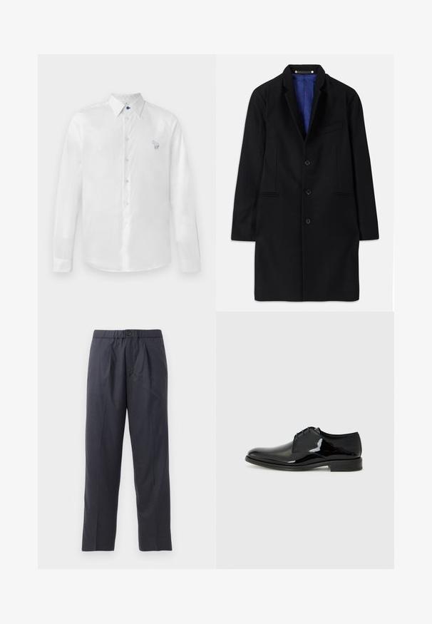 Fekete gyapjú kabát, igényes szabással, kivágott hajtókával, öt gombbal záródó, oldalsó zsebekkel és kék szatén béléssel.; Fehér, hosszú ujjú ing sima anyagból, kék gombbal és egy kis hímzett dizájnnal a bal oldalon. Gombos elülső rész és gallér.; Sötét tengerészkék nadrág, puha anyagból, plissézett elejű kialakítással és gumis derékkal. Gombos záródással és egyenes szárú szabással rendelkezik.; Fekete félcipő, fényes lakkbőr kivitelezéssel, lekerekített orral és külső varrással. Alacsony sarkú és fűzős záródású.