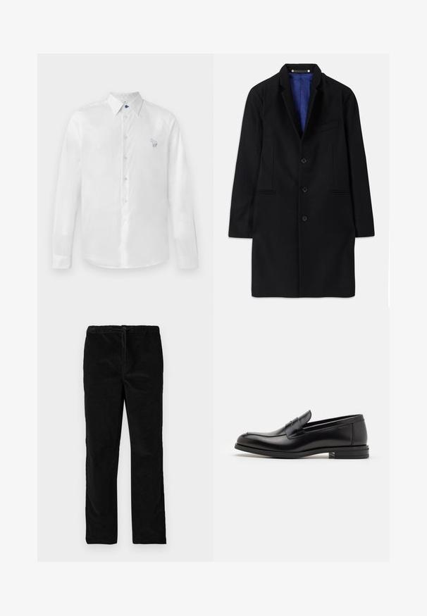 Črn volnen plašč s krojem po meri, z izrezanim ovratnikom, petimi gumbi, stranskimi žepi in modrim satenskim podloženjem.; Bela srajca z dolgimi rokavi iz gladkega materiala, ki ima modro gumb in majhno izvezeno obliko na levi strani. Zapiranje na gumb in ovratnik.; Črne ravne sametne hlače z elastičnim pasom in sprednjim vrvico, prikazane na enobarvni beli podlagi.; Črne usnjene loafer čevlje z gladko teksturo, zaobljenim nosom in dekorativnim trakom čez zgornji del. Nizka zložena peta, minimalističen dizajn.