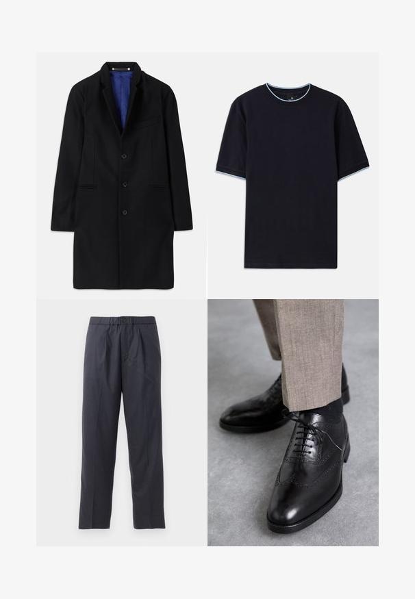 Černý vlněný kabát s elegantním střihem, klopovým límcem, zapínáním na pět knoflíků, bočními kapsami a modrou saténovou podšívkou.; Tmavě modré tričko s krátkým rukávem a kulatým výstřihem, se světle modrými akcenty na límci a rukávech. Vyrobeno z měkké bavlněné tkaniny.; Tmavě modré kalhoty vyrobené z měkké látky s designem s sklady vpředu a elastickým pasem. Obsahují zapínání na knoflík a rovný střih nohou.; Černé kožené společenské boty s brogue detaily, se špičatou špičkou, šněrovacím designem a hladkým povrchem; v kombinaci s světle hnědými kalhotami.