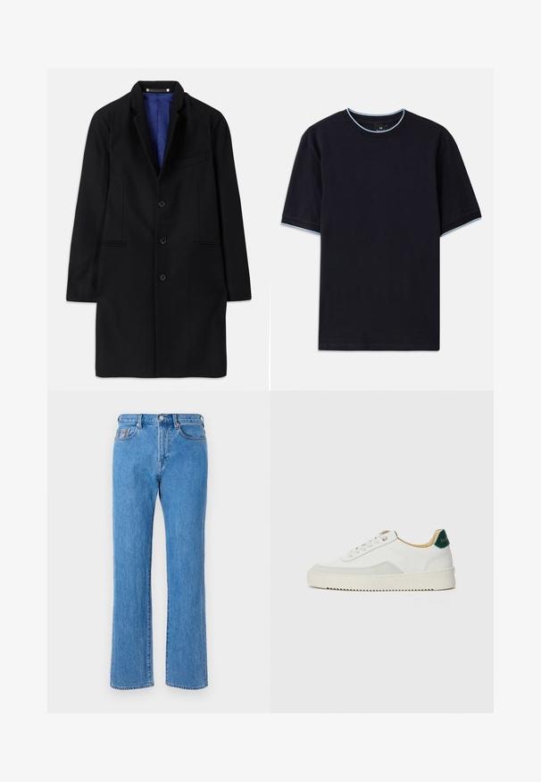 Abrigo negro de lana con un diseño ajustado, solapas con muesca, cierre de cinco botones, bolsillos laterales y un forro de satén azul.; Camiseta de manga corta azul oscuro con cuello redondo, con detalles en azul claro en el cuello y las mangas. Fabricada en suave tela de algodón.; Jeans de denim de color azul claro con corte recto, diseño de cinco bolsillos y cierre de botón. Presenta detalles de costura sutiles.; Zapatilla blanca con acentos de ante, puntera redondeada, cordones planos y suela de goma color crema. Presenta un logo verde en el talón.