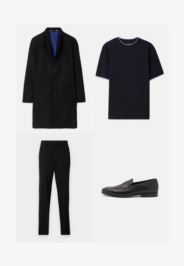 Black wool coat with a tailored design, notched lapel, five-button closure, side pockets, and a blue satin lining.; Dark blue short-sleeve t-shirt with a round neckline, featuring light blue accent at the collar and sleeves. Made of soft cotton fabric.; Black trousers made of smooth fabric, featuring a straight cut, belt loops, a zip fly, and side pockets for functionality.; Black leather men's loafer with a low heel and a classic penny strap design, shown in side profile on a white background.