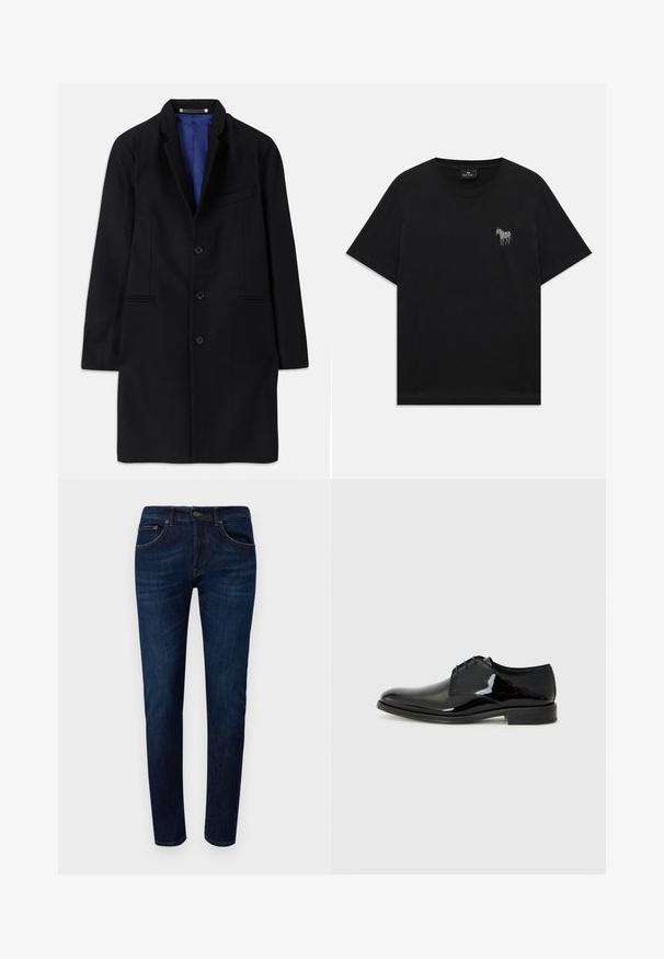 Juodas vilnonių paltas su pritaikytu dizainu, įpjovomis apykaklėmis, penkių mygtukų užsegimu, šoninėmis kišenėmis ir mėlynu satino pamušalu.; Juodas trumpa rankovėmis T-shirt su maža balta siuvinėta zebra kairėje krūtinės pusėje ir apvaliu iškirpimu.; Dondup ICON - Prigludę džinsai - dark blue; Juodas batų modelis su poliruoto lakinės odos apdaila, apvaliu pirštu ir išoriniu siuvimu. Yra mažas kulnas ir užsegimas raišteliais.