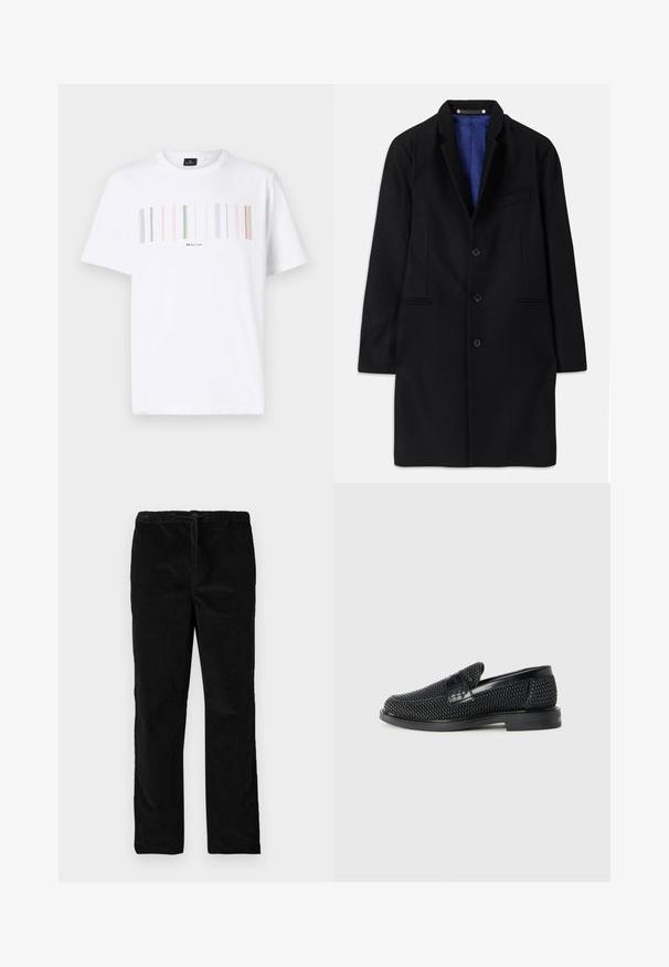 Juodas vilnonių paltas su pritaikytu dizainu, įpjovomis apykaklėmis, penkių mygtukų užsegimu, šoninėmis kišenėmis ir mėlynu satino pamušalu.; Balta medvilnės marškinėliai su daugiarūšiu tinklo raštu krūtinėje, po dizainu yra juodas logotipas. Trumpomis rankovėmis.; Juodos tiesios blizgančios aksominės kelnės su elastinga juosmena ir priekyje esančia raišteliu, eksponuojamos prieš paprastą baltą foną.; Juodas pintas slip-on tipo batelis su lygiu odiniu akcentu viršuje, apvalios nosies dizainas ir žemas guminis padas.