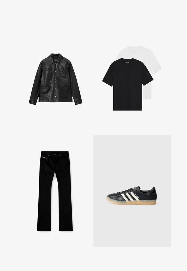 Juodas odinis švarkas su mygtukų uždarymu, taškiniu apykakle ir keturiomis priekinėmis kišenėmis. Lygi tekstūra ir klasikinis dizainas.; Du suknelės, viena juoda, kita balta, su trumpomis rankovėmis, apvaliais kakliukais ir lygiu medvilnės tekstūra. Ženklo etiketė matoma viduje.; Juoda tiesiųjų kojų džinsai su priekiniais mygtukais ir užtrauktuku, priekiniais ir galiniais kišenėmis, o dešinėje priekinėje kišenėje matoma balta etikete.; Juodos sportinės kedai su baltais dryžiais, tekstūruota medžiaga, lygus odinis priekinis krepšys ir guminis padas. Prietaisas su logotipu ant liežuvio.