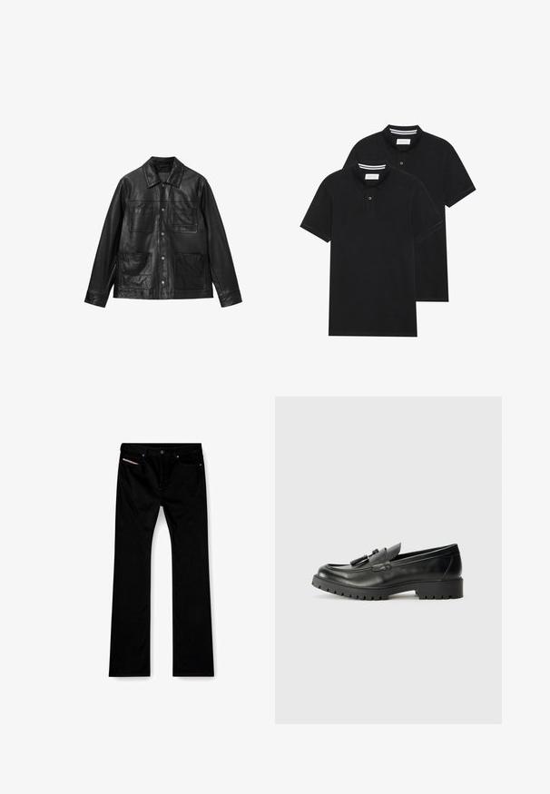 Black leather jacket with a button-up front, point collar, and four front pockets. Smooth texture and classic design.; Two black polo shirts, short-sleeved, cotton material, featuring a classic collar, two-button placket, and white striped accents inside the collar.; Black straight-leg jeans with front button and zipper, front and back pockets, and a white label visible in the right front pocket.; Black leather loafers with a rounded toe, prominent stitching, and a textured rubber sole. Features decorative hardware on the vamp.