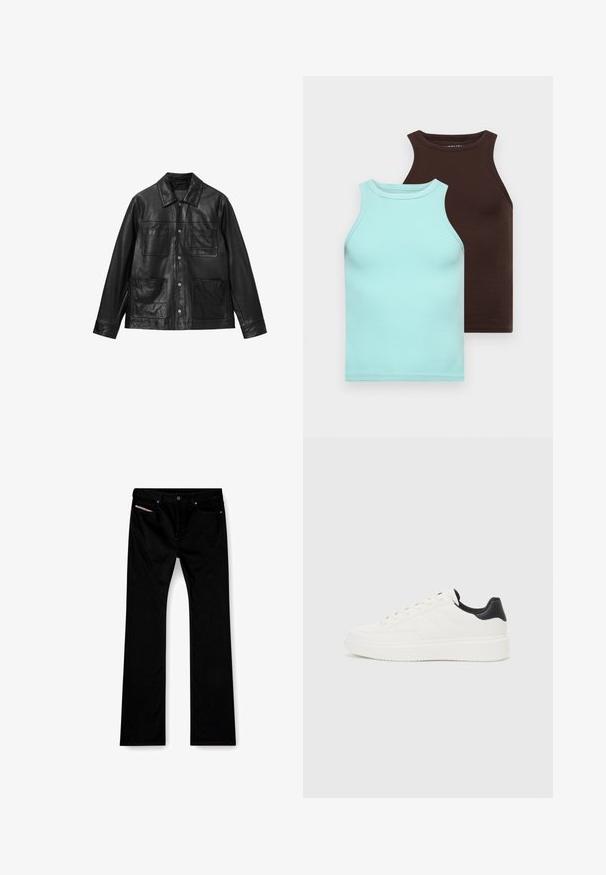 Casaco de couro preto com fecho de botões à frente, colarinho ponto e quatro bolsos frontais. Textura suave e design clássico.; Dois tops justos: um azul claro e um castanho escuro. Feitos de algodão elástico, com uma textura suave e design sem mangas.; Jeans pretos de perna reta com botão frontal e fecho de correr, bolsos dianteiros e traseiros, e um rótulo branco visível no bolso dianteiro direito.; Sapatilhas brancas de couro com padrão em relevo, entressola texturizada branca e detalhe em preto no calcanhar. Apresentam ponta arredondada e atacadores planos.