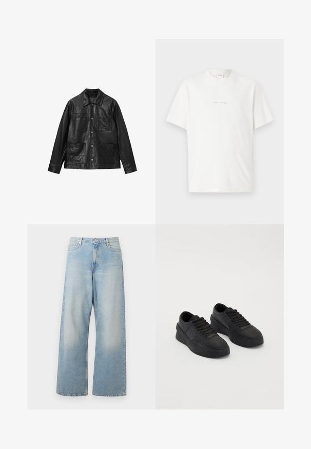 Sort læderjakke med knaplukning, spids krave og fire frontlommer. Glat tekstur og klassisk design.; Hvid bomulds T-shirt med rund hals, korte ærmer og et lille trykt logo på forsiden. Glat tekstur og afslappet pasform.; Lys blå brede bukser lavet af denim, med høj talje, forlommer og en falmet vask med subtile slidte områder ved lårene.; Sorte sneakers lavet af glat læder med en polstret sål. Funktionen inkluderer flade snørebånd, perforeringer på tåen og en elegant silhuet.