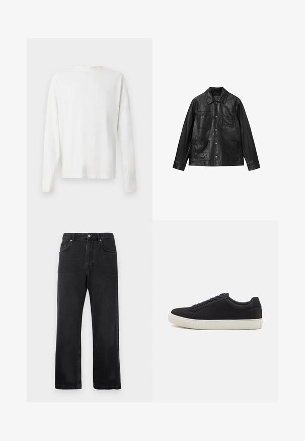 Casaco de couro preto com fecho de botões à frente, colarinho ponto e quatro bolsos frontais. Textura suave e design clássico.; Camisa de algodão branca de mangas longas com decote redondo, fendas laterais na parte inferior e uma textura suave, mostrada de trás.; Jeans pretos de perna reta com bolsos frontais, passadores de cinto e fechamento com botão sobre um fundo branco.; Sapatilha preta em camurça com bico arredondado, sola de borracha branca, atacadores azuis em contraste e uma textura suave. Design minimalista sem logotipo visível.