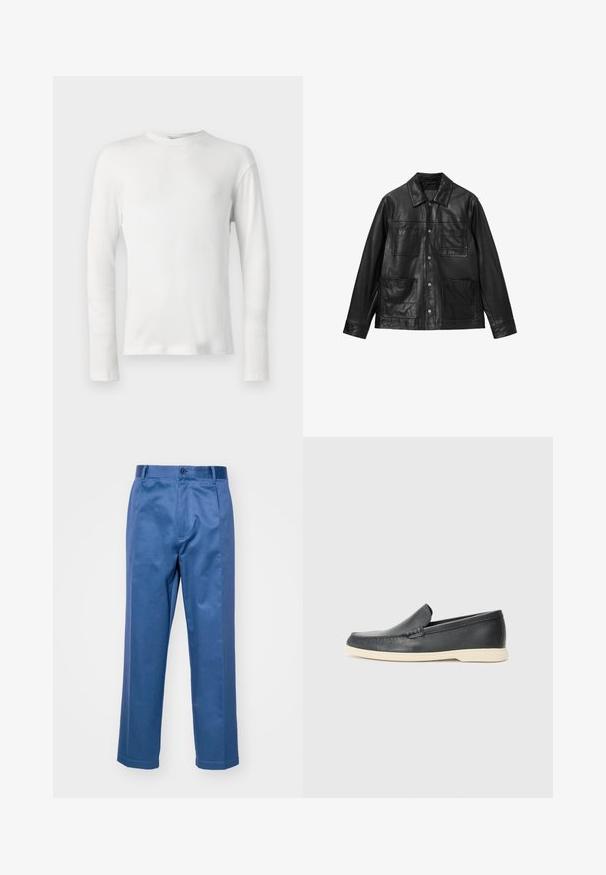 Schwarze Lederjacke mit durchgeknöpftem Vorderteil, Punktkragen und vier Vordertaschen. Glatte Textur und klassisches Design.; Schlichtes weißes Langarmshirt mit geripptem Stoff und Rundhalsausschnitt, auf einem weißen Hintergrund präsentiert.; Blaue Hose aus einem glatten Stoff, mit geradem Bein, Knopfverschluss und dezenten Nähten.; Schwarze Leder-Slipper mit strukturiertem Finish und einer kontrastierenden beige Gummisohle. Mit einem dezenten Akzent an der Vorderseite.