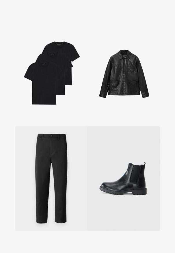 Melnas ādas jaka ar pogu aizdari, punkta apkakli un četriem priekšējiem kabatām. Gluda tekstūra un klasiskā dizaina.; Trīs melnas kokvilnas T-krekli ar apaļu kakla izgriezumu, īsām piedurknēm un vienkāršu dizainu. Katram kreklam ir redzams logs ap kakla izgriezumu.; Melnie bikses ar taisnu griezumu, izgatavotas no gludas auduma. Tajās ir pogu aizdare un jostas cilpas. Nav redzamu rakstu vai akcentu.; Melni ādas Čelsija zābaki ar elastīgām sānu paneļiem, noapaļotu purngalu un gumijas zoli ar protektoru. Minimālistisks dizains ar vilkšanas cilpu.
