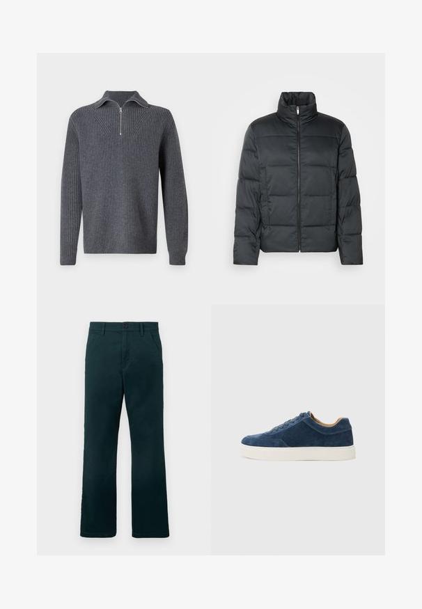 Černá vycpaná bunda s vysokým límcem, předním zipem a prošívanou texturou. Má kvadratický střih a jemný kostkovaný vzor.; Šedý žebrovaný svetr s límcem na zip. Má dlouhé rukávy a texturovaný pletený vzor, který mu dodává strukturovaný vzhled.; Tmavě zelené kalhoty rovného střihu s poutek na pásek, bočními kapsami a knoflíkovým uzávěrem na čistě bílém pozadí.; Modré semišové tenisky s bílou gumovou podrážkou, šněrovací design, zaoblená špička a kontrastní hnědý vnitřek. Jemné detaily šití.