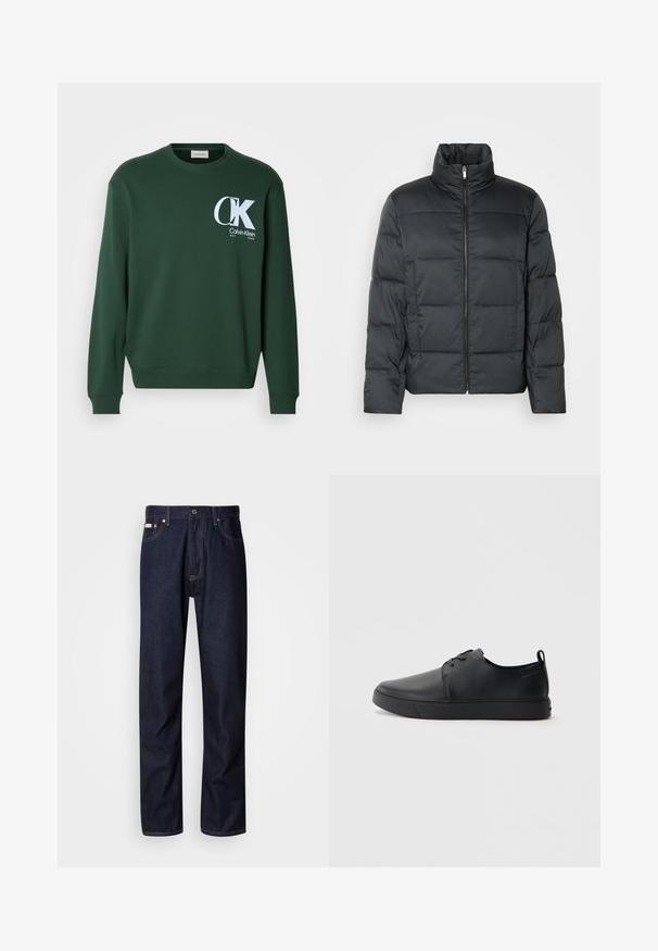 Črna podložena jakna z visokim ovratnikom, sprednjim zadrgo in prešitimi teksturami. Ima kvadratno obliko in subtilen kari vzorec.; Zeleni bombažni pulover z dolgimi rokavi, okroglo izrezom in belim logotipom Calvin Klein na prsih. Gladka tekstura in rebrasti manšeti.; Temno modri kavbojki s ravnim krojem, ki vključujejo gumbasto zaponko, pet žepov in kontrastne šive.; Črne usnjene športne čevlje z gladko površino, okroglo oblikovano nosilo, toniranim šivanjem, vezanjem spredaj in ravnim gumijastim podplatom. Zanko na peti.