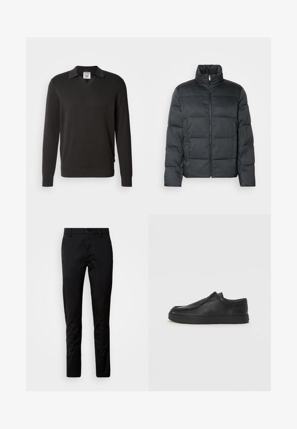 Črna podložena jakna z visokim ovratnikom, sprednjim zadrgo in prešitimi teksturami. Ima kvadratno obliko in subtilen kari vzorec.; Črna dolgoročna majica z dolgimi rokavi in V-izrezom ter ovratnikom. Narejena je iz gladkega pletenega materiala, ki vsebuje rebrovane manšete in obrobni detajl.; Črne hlače slim fit kroja, narejene iz gladkega blaga. Imajo pas z gumbom in ravne hlačnice.; Črne usnjene natikače s zaobljenim prstom, šivanim detajlima in črnim gumijastim podplatom. Gladka tekstura z minimalističnim dizajnom.