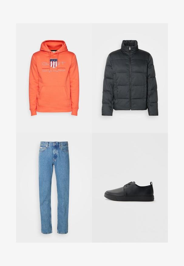 Giacca nera imbottita con colletto alto, zip frontale e texture trapuntata. Presenta una forma squadrata e un delicato motivo a quadretti.; GANT ARCHIVE SHIELD - Felpa con cappuccio - orange; Jeans in denim azzurro chiaro con taglio dritto, caratterizzati da un classico design a cinque tasche e chiusura a bottone in vita. Nessun motivo degno di nota.; Sneaker in pelle nera con finitura liscia, punta arrotondata, cuciture tono su tono, chiusura con lacci frontale e suola piatta in gomma. Anello sul tallone.