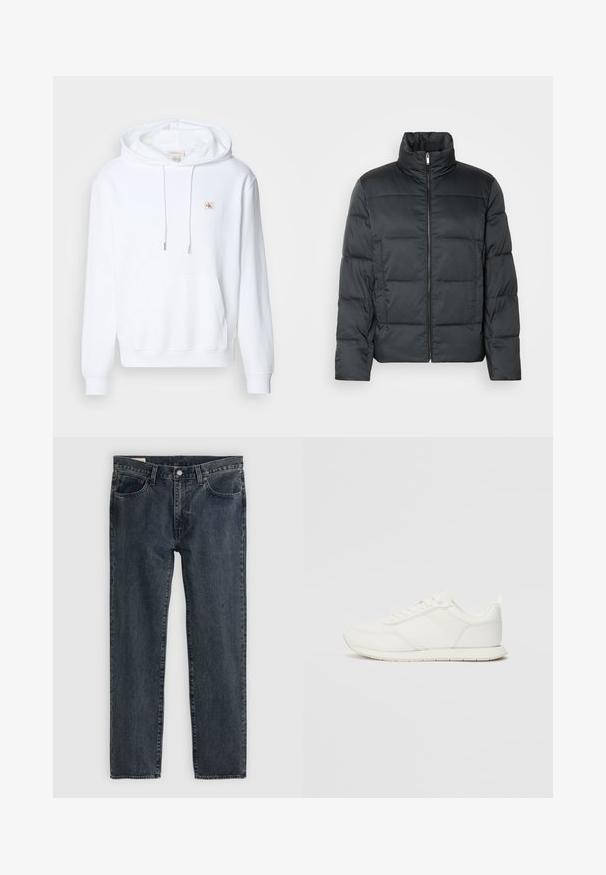 Giacca nera imbottita con colletto alto, zip frontale e texture trapuntata. Presenta una forma squadrata e un delicato motivo a quadretti.; Felpa bianca con cappuccio realizzata in morbido misto cotone, dotata di tasca frontale, lacci e una piccola etichetta con logo sul petto.; Jeans in denim blu scuro con un design a gamba dritta, cinque tasche e chiusura con bottone. Il tessuto presenta una leggera sfumatura e texture.; Sneaker bianco con tomaia in rete e materiale sintetico, punta tonda, lacciuoli piatti e una striscia laterale testurizzata. Suola in gomma con linguetta sul retro.