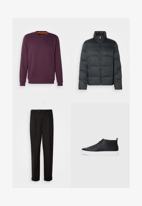Černá vycpaná bunda s vysokým límcem, předním zipem a prošívanou texturou. Má kvadratický střih a jemný kostkovaný vzor.; Fialová mikina s kulatým výstřihem, která má malou nášivku s logem a oranžový detail na vnitřním límci. Měkká, texturovaná tkanina.; Černé kalhoty s hladkou texturou, rázovaného střihu, dvěma předními kapsami a jedním knoflíkovým zapínáním v pase.; Černé kožené vysoké tenisky s hladkým povrchem, bílou gumovou podrážkou a jednoduchým šněrováním. Obsahují poutko na zadní straně.