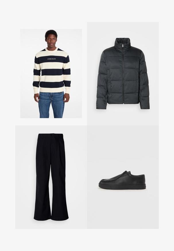Black padded jacket with a high collar, front zipper, and a quilted texture. Features a boxy shape and subtle checkered pattern.; Navy and cream striped sweater in knit fabric features ribbed cuffs and hem, with "GUESS JEANS" logo displayed on the front. Casual fit.; Black wide-leg trousers made of cotton with a front pleat, featuring a button closure and belt loops, smooth texture, and no visible patterns.; Black leather slip-on shoe with a rounded toe, stitched detailing, and black rubber sole. Smooth texture with minimalistic design.