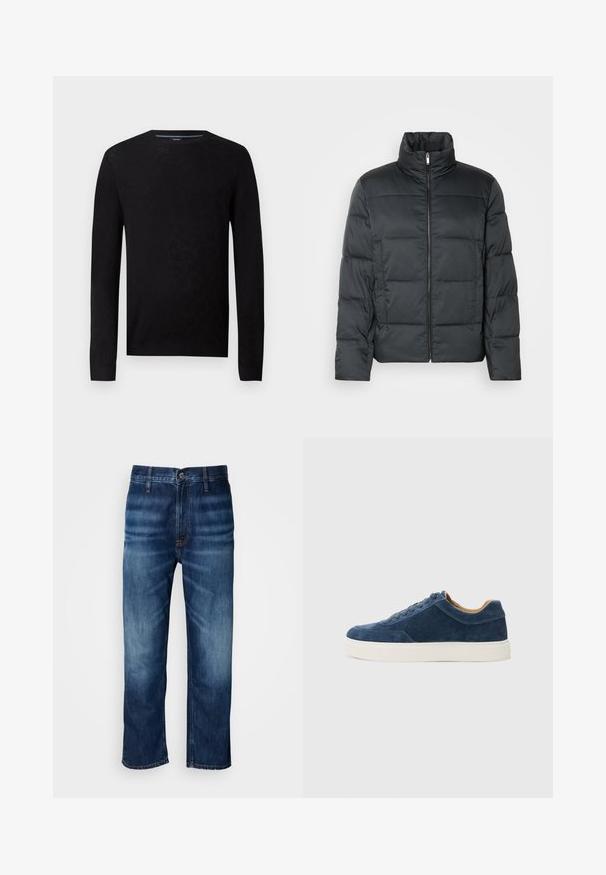 Chaqueta acolchada negra con cuello alto, cierre frontal y textura acolchada. Presenta una forma cuadrada y un sutil patrón de cuadros.; Suéter negro con escote redondo y mangas largas. Presenta un patrón texturizado y puños acanalados para una silueta ajustada.; Jeans de mezclilla rectos de color azul oscuro con un leve desvanecimiento en los muslos y un cierre de botón en la cintura, exhibidos sobre un fondo blanco.; Zapatillas de ante azul con suela de goma blanca, diseño de cordones, punta redondeada y un interior en contraste color marrón. Detalles de costura sutil.