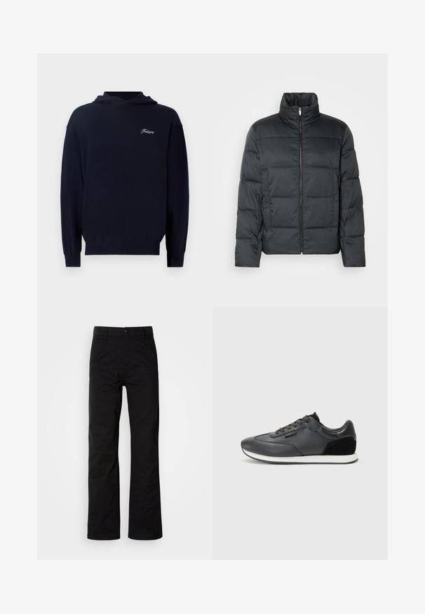 Zwarte gewatteerde jas met een hoge kraag, voorrits en een gegarneerde textuur. Heeft een boxy vorm en een subtiel ruitpatroon.; Marineblauwe hoodie van zacht materiaal, met een voorzak, ribgebreide manchetten en een kleine witte borduursel van "Future" op de borst.; Zwarte katoenen broek met een recht design, voorzien van een knoopsluiting en riemlussen. Gladde textuur en minimalistische stijl zonder zichtbare patronen.; Zwarte sport sneakers met een leren bovenwerk, perforaties, suède accenten en een witte rubberen zool. Klassiek vetersluiting ontwerp.