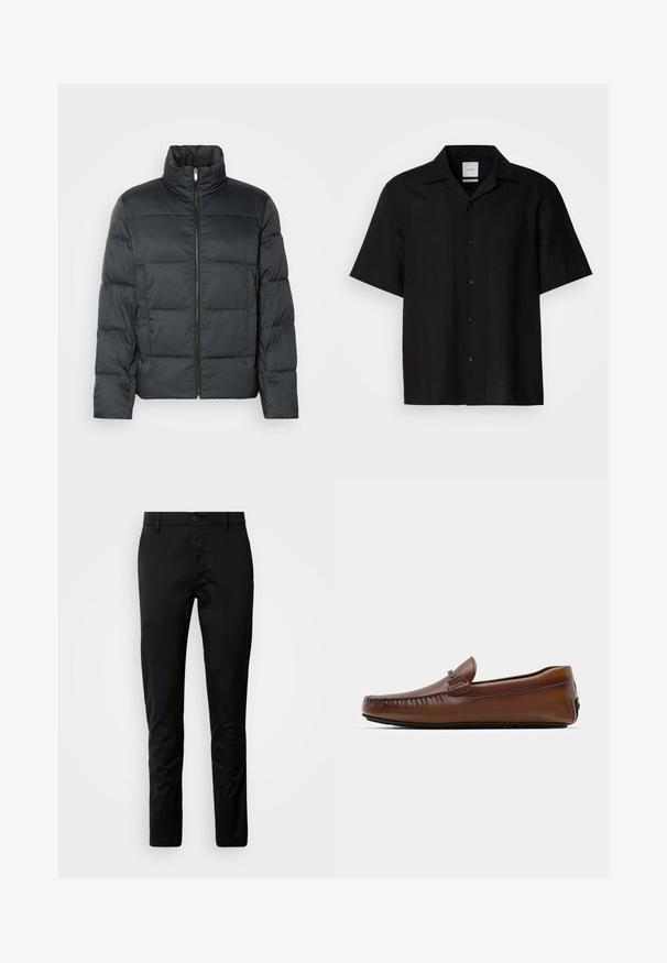 Juodas paminkštintas švarkas su aukštu apykakle, priekyje užtrauktuku ir siuvinėta tekstūra. Turi stačiakampio formą ir subtilų languotą raštą.; Juodas trumpas rankovės švarkelis, pagamintas iš lino audinio, su mygtukų užsegimu, smailiu apykakle ir lygia tekstūra. Be išraiškingų raštų ar akcentų.; Juodi aptemti kelnių, pagaminti iš lygaus audinio. Yra juosmens juosta su mygtuku ir tiesių kirpimų kojomis.; Rudi odiniai loaferiai su apvaliu pirštu, siuvinėjimais ir mažai emblemą šone. Padas lygus ir tekstūruotas, kad suteiktų sukibimą.