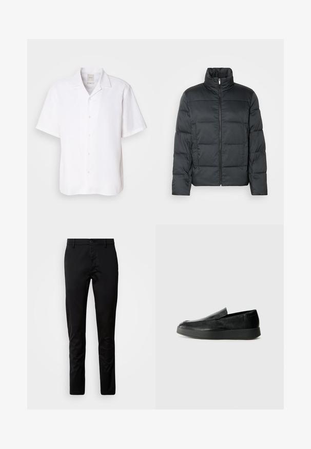 Crna podložena jakna s visokim ovratnikom, prednjim zatvaračem i kvadratnom teksturom. Ima kutijasti oblik i suptilan karo uzorak.; Košulja kratkih rukava, s dugmadi, od bijelog lana, koja ima klasičan ovratnik, glatku teksturu i ležeran kroj.; Crne hlače slim kroja, napravljene od glatkog materijala. Imaju pojas s kopčanjem na dugme i ravne nogavice.; Calvin Klein HYBRID CUP - Obuća za navlačenje - triple black