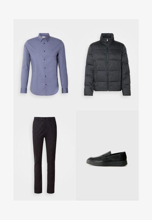 Fekete párnázott dzseki magas gallérral, elülső cipzárral és steppelt textúrával. Kockás alakja van és enyhe kockás mintázattal rendelkezik.; Hosszú ujjú, világoskék anyagból készült ing, sima felülettel, klasszikus gallérral és fekete gombokkal az elején.; Fekete nadrág sima anyagból, gombos záródással, normál derékkal és egyenes szabású lábszárral. Nincsenek látható minták vagy díszítések.; Calvin Klein HYBRID CUP - Belebújós cipők - triple black