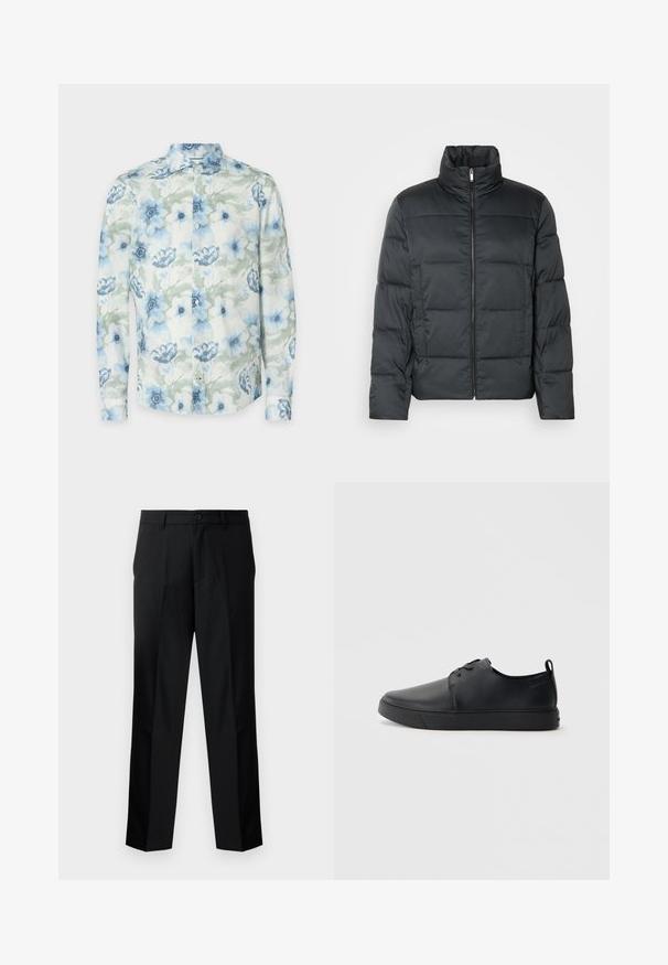 Czarna pikowana kurtka z wysokim kołnierzem, przednim zamkiem błyskawicznym i pikowaną fakturą. Charakteryzuje się pudełkowym kształtem i subtelnym wzorem w kratkę.; Kwiatowa koszula z długim rękawem w lekkim materiale, z niebieskimi i zielonymi kwiatami w akwareli, guzikami oraz klasycznym kołnierzykiem.; Czarne spodnie o prostym kroju, z zapięciem na guzik, suwakiem i szlufkami na pasek. Gładki materiał z bocznymi kieszeniami.; Czarne skórzane sneakersy o gładkim wykończeniu, zaokrąglonym nosku, tonalnym przeszyciu, sznurowanym przodzie oraz płaskiej gumowej podeszwie. Pętla na pięcie.