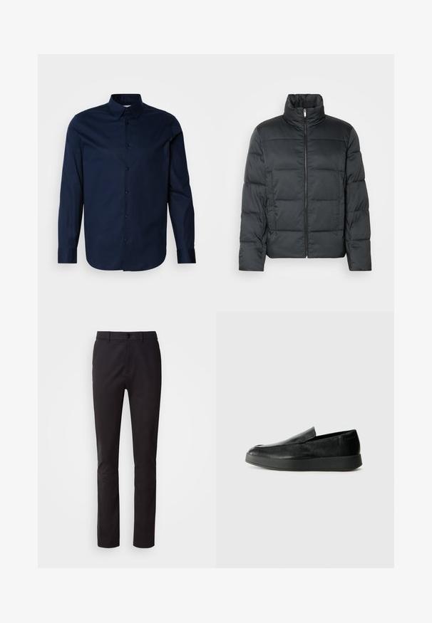 Črna podložena jakna z visokim ovratnikom, sprednjim zadrgo in prešitimi teksturami. Ima kvadratno obliko in subtilen kari vzorec.; Tamarno modri dolg rokav srajc, izdelan iz gladkega blaga, ki vsebuje zapenjanje spredaj, koničast ovratnik in manšete z diskretno logotipom na prsih.; Črne hlače iz gladkega blaga, z gumbnim zapiranjem, običajnim pasom in ravnimi hlačnicami. Brez vidnih vzorcev ali okrasnih elementov.; Calvin Klein HYBRID CUP - Čevlji brez vezalk - triple black