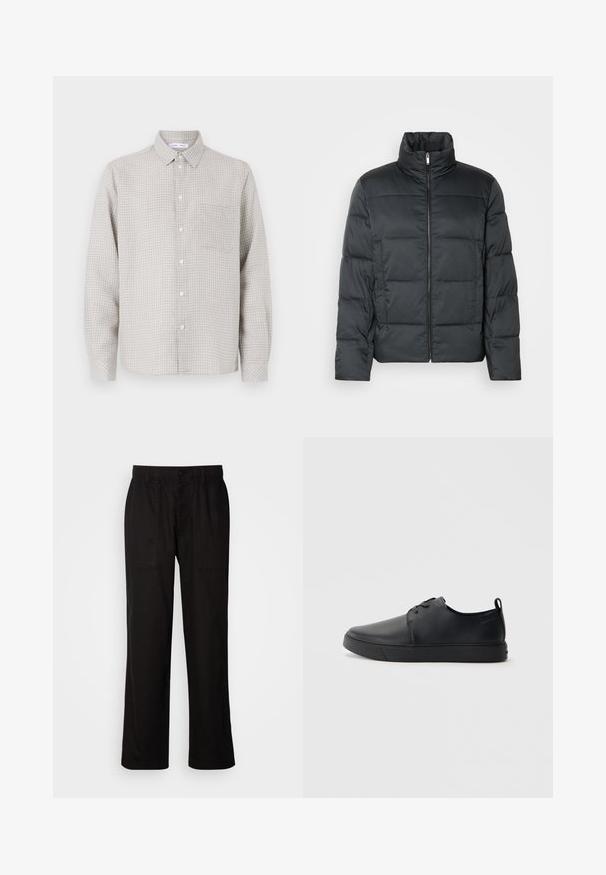 Must must vest, mille kõrge krae, esi tõmblukk ja tikanditustatud tekstuur. Omab karbilaadset tegemist ja õhulist ruuduline muster.; Heledad hall hallitus värvi pikkade varrukatega nööpidega särk ruudulise mustriga, ühekordse rinna-taskuga ja tavalise kraega. Valmistatud kootud kangast.; Mustad lõdva istuvusega mustad püksid, mis on valmistatud kergest kangast. Omavad elastset vöökohta, nööbiga sulgemist ja kahte esist taskut.; Mustaläik nahast spordijalatsid siledaga viimistlusega, ümarate varvastega, sama tooni õmblustega, nööbid ees, ja lamedate kummist tallaga. Kannas aas.