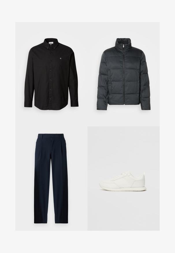 Črna podložena jakna z visokim ovratnikom, sprednjim zadrgo in prešitimi teksturami. Ima kvadratno obliko in subtilen kari vzorec.; Črna srajca z gumbi, izdelana iz bombaža, s klasičnim ovratnikom, dolgimi rokavi in majhnim CK logotipom na levem prsnem delu.; Temno modri hlače z gladko teksturo, širokim krojem, sprednjimi pregibi, zankami za pas in z zip zapiranjem. Primerne za formalno ali priložnostno nošenje.; Bela tenisa z mrežasto in sintetično zgornjo plastjo, okroglo oblikovano prstno območje, ravne vezalke in teksturirana stranska črta. Gumijast podplat z zanko na hrbtni strani.