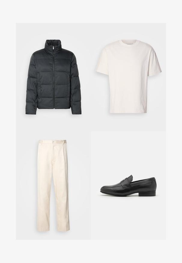 Jachetă neagră căptușită cu guler înalt, fermoar frontal și textură matlasată. Prezintă o formă pătrată și un model discret în carouri.; Tricou din bumbac de culoare crem, cu guler rotund. Mâneci scurte și o croială lejeră. Prezintă un mic logo pe guler. Textură netedă.; Pantaloni din bumbac bej, cu croială dreaptă, dotati cu închidere cu nasture și pliuri în față pentru un plus de detaliu.; Calvin Klein Pantofi slip-on - black
