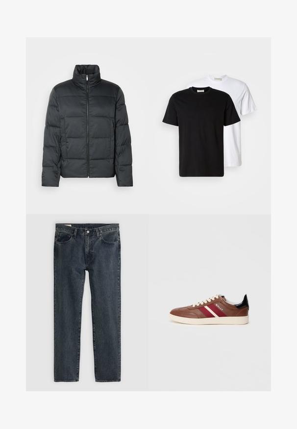 Doudoune noire matelassée avec un col montant, fermeture éclair à l'avant et texture matelassée. Présente une coupe carrée et un motif à carreaux subtil.; Deux t-shirts en coton unis, l'un noir placé devant un blanc, tous deux à manches courtes et avec un col rond.; Jean en denim bleu foncé avec une coupe droite, cinq poches et une fermeture à bouton. Le tissu présente une légère décoloration et texture.; Baskets en cuir brun avec des bandes blanches et bordeaux, lacets beiges et accent noir au talon. Dotées d'une semelle en caoutchouc et d'une texture lisse.