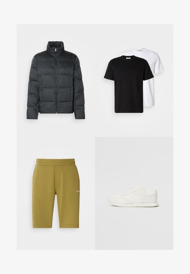 Giacca nera imbottita con colletto alto, zip frontale e texture trapuntata. Presenta una forma squadrata e un delicato motivo a quadretti.; Due t-shirt di cotone semplici, una nera posizionata davanti a una bianca, entrambe con maniche corte e scollature rotonde.; Shorts verde oliva realizzati in morbido cotone misto, con una trama liscia, vita elasticizzata e logo discreto sul lato sinistro.; Sneaker bianco con tomaia in rete e materiale sintetico, punta tonda, lacciuoli piatti e una striscia laterale testurizzata. Suola in gomma con linguetta sul retro.