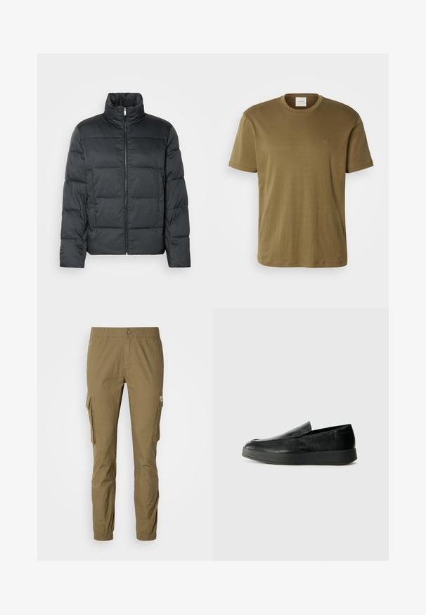 Must must vest, mille kõrge krae, esi tõmblukk ja tikanditustatud tekstuur. Omab karbilaadset tegemist ja õhulist ruuduline muster.; Oliivroheline puuvillane T-särk ümarate kaelustega, lühikeste varrukatega ja rinnal väikese tikandiga logoga. Silky tekstuur ja mugav lõige.; Olivroheline cargo-püksid, millel on elastne talje, küljetaskud ja kitsenevad sääred elastsete mansettidega. Valmistatud vastupidavast kangast.; Calvin Klein HYBRID CUP - Jalga libistatavad jalanõud - triple black