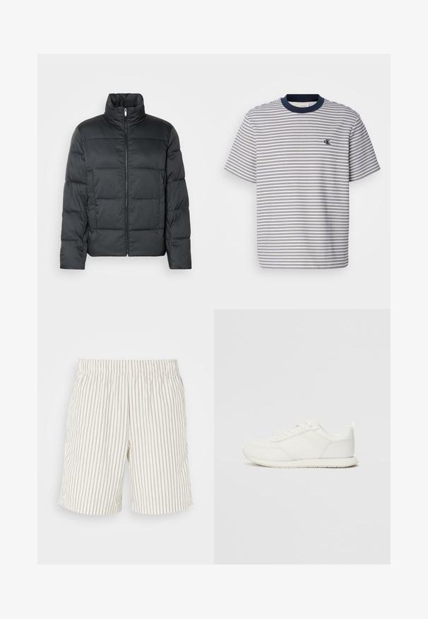 Schwarze gepolsterte Jacke mit hohem Kragen, frontellem Reißverschluss und gestepptem Muster. Verfügt über eine kastige Form und dezenten karierten Druck.; Gestreiftes Baumwoll-T-Shirt mit navyblauem Kragen und Bündchen, ausgestattet mit horizontalen blauen und weißen Streifen; kleines gesticktes Logo auf der Brust.; Gestreifte Shorts aus einem leichten, atmungsaktiven Stoff. Die Farbe ist off-white mit dünnen, vertikalen grauen Streifen. Elastischer Bund.; Weißer Sneaker mit einem Obermaterial aus Mesh und Synthetik, runder Zehenform, flachen Schnürsenkeln und einem strukturierten Seitenstreifen. Gummisohle mit einer Lasche hinten.