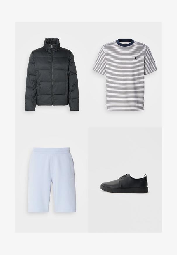 Mustat pehmeät takit, joissa on korkea kaulus, edessä vetoketju ja tikattu rakenne. Ominaisuuksina laatikkomainen muoto ja huomaamaton ruudullinen kuvio.; Raidallinen puuvillapaita, jossa on tummansininen kaulus ja hihansuut, vaakasuoria sinisiä ja valkoisia raitoja; pieni brodeerattu logo rinnassa.; Vaaleansiniset urheilushortsit, jotka on valmistettu pehmeästä kankaasta, ja joissa on joustava vyötärö ja sivutaskut. Edessä pieni logokuvio.; Musta nahkakengät hienolla pinnalla, pyöreällä varvastyönnöllä, sävyyn sointuvilla ompeluilla, nauhakengät edessä ja littealla kumipohjalla. Silmukka kantapäässä.