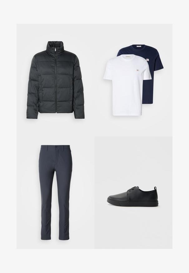 Fekete párnázott dzseki magas gallérral, elülső cipzárral és steppelt textúrával. Kockás alakja van és enyhe kockás mintázattal rendelkezik.; Fehér és sötétkék pamut pólócsomag. Minden pólón környakas, rövid ujjú fazon van, és egy kis logófolt található a mellkason.; Sötétkék, vékony szárú tágulású nadrág, sima textúrával, elülső zsebekkel és gombos záródással. A kényelmes és szabad mozgásra tervezték.; Fekete bőr sportcipő sima felülettel, lekerekített orral, azonos színű varrással, fűzős elülső résszel és lapos gumitalppal. Hurok a sarkán.
