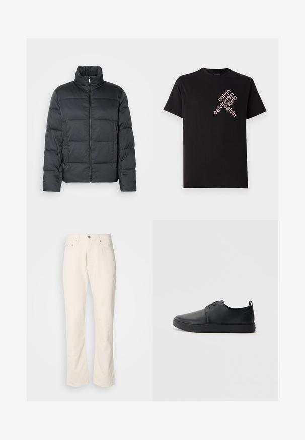 Chaqueta acolchada negra con cuello alto, cierre frontal y textura acolchada. Presenta una forma cuadrada y un sutil patrón de cuadros.; Camiseta de algodón negra con un estampado diagonal del logo "calvin klein" en rosa en la parte frontal. Manga corta y escote redondeado.; Jeans de algodón color beige con un diseño clásico de pierna recta, que cuentan con un cierre frontal de botón, cinco bolsillos y detalles de costura sutiles.; Zapatilla negra de cuero con acabado suave, punta redondeada, costuras a tono, cordones en la parte delantera y suela de goma plana. Asa en el talón.