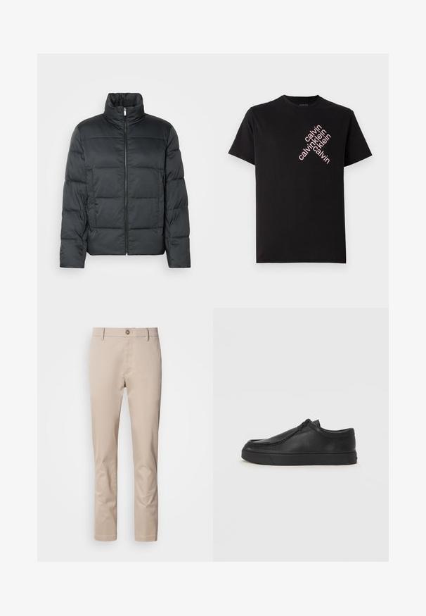 Crna podložena jakna s visokim ovratnikom, prednjim zatvaračem i kvadratnom teksturom. Ima kutijasti oblik i suptilan karo uzorak.; Crna pamučna majica s dijagonalnim ružičastim otiskom "calvin klein" na prednjem dijelu. Kratki rukavi i okrugli izrez.; Bež pamukaste chinos hlače ravnog kroja, s petljama za remen, jednim gumbom sprijeda i glatkom, neobrađenom površinom. Nema vidljivih džepova.; Crne kožne cipele bez vezivanja s okruglim vrhom, šivanim detaljima i crnom gumenom potplatom. Glatka tekstura s minimalističkim dizajnom.