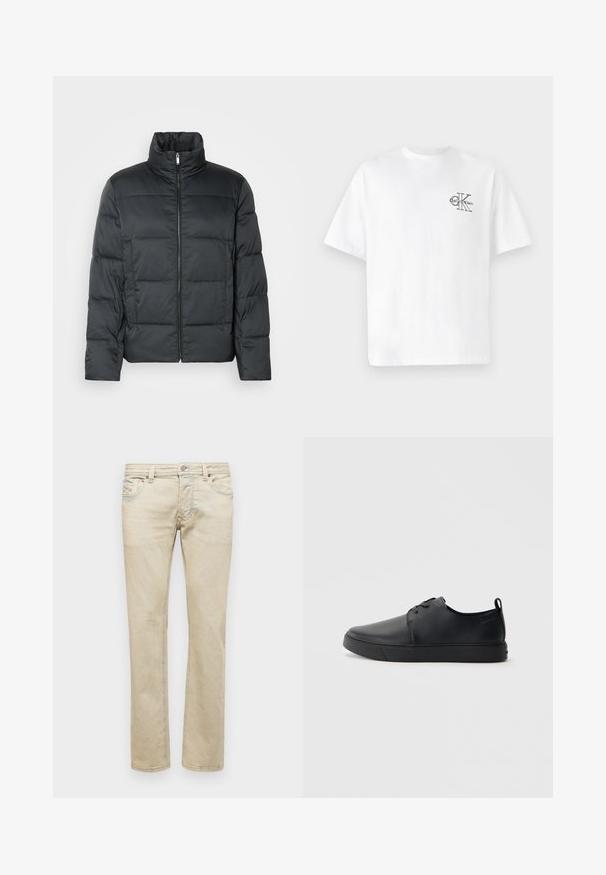 Μαύρο μπουφάν με επένδυση και ψηλό γιακά, μπροστινό φερμουάρ και καπιτονέ υφή. Διαθέτει τετράγωνη γραμμή και διακριτό καρό σχέδιο.; Λευκό βαμβακερό μπλουζάκι με κοντά μανίκια, στρογγυλή λαιμόκοψη, με μαύρο λογότυπο CK στην αριστερή πλευρά του στήθους, κανονική εφαρμογή, απαλό υλικό.; Μπεζ τζιν παντελόνι με ίσια γραμμή, μπροστινές τσέπες και κλείσιμο με κουμπί. Το ύφασμα έχει ελαφριά, ελαφρώς υφή.; Μαύρο δερμάτινο αθλητικό παπούτσι με λεία επιφάνεια, στρογγυλή μύτη, τονικό ράψιμο, κορδόνια μπροστά και επίπεδη καουτσούκ σόλα. Βρόχος στην πτέρνα.