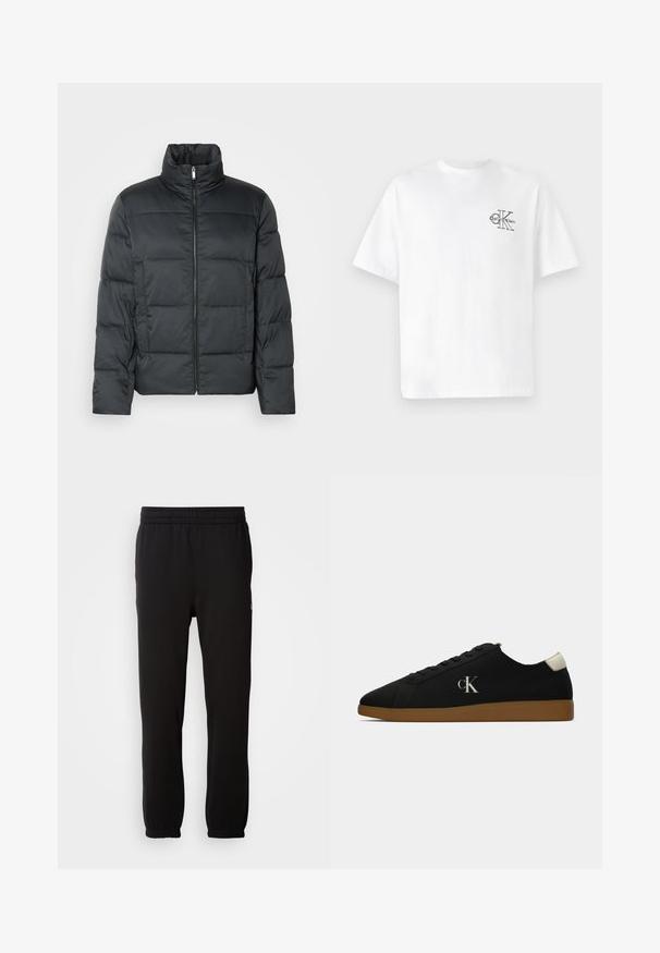 Casaco acolchoado preto com colarinho alto, fecho frontal e textura acolchoada. Apresenta uma forma rectangular e um padrão xadrez subtil.; T-shirt de algodão branco com mangas curtas, gola redonda, apresentando um logo CK preto na área do peito esquerdo, ajuste padrão, textura suave.; Calças de moletom pretas, feitas de tecido macio, com uma cintura elástica, bainhas ajustadas e um pequeno detalhe de logótipo na lateral.; Sapatilhas pretas de lona com sola de borracha caramelo, apresentando um logo prateado "cK" de um lado e um detalhe branco no calcanhar. Design de cano baixo.