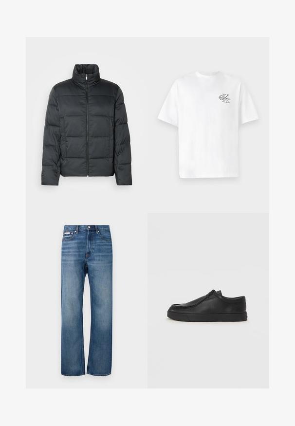 Melnā polsterētā jaka ar augstu apkakli, priekšējo rāvējslēdzēju un izšūtu tekstūru. Iezīmējas ar kvadrātveida formu un smalku šahu rakstu.; Balta kokvilnas T-krekls ar īsām piedurknēm, apaļo kaklu, ar melnu CK logotipu kreisajā krūšu zonā, standarta piegriezums, gluda tekstūra.; Zilās taisnās kājas džinsi ar nelielu nolietojumu, priekšējās pogas aizdare un neliela logo birka labajā priekšējā kabatā.; Melnas ādas slip-on kurpes ar noapaļotu purngalu, šūšanas detaļām un melnu gumijas zoli. Gluda tekstūra ar minimālistisku dizainu.
