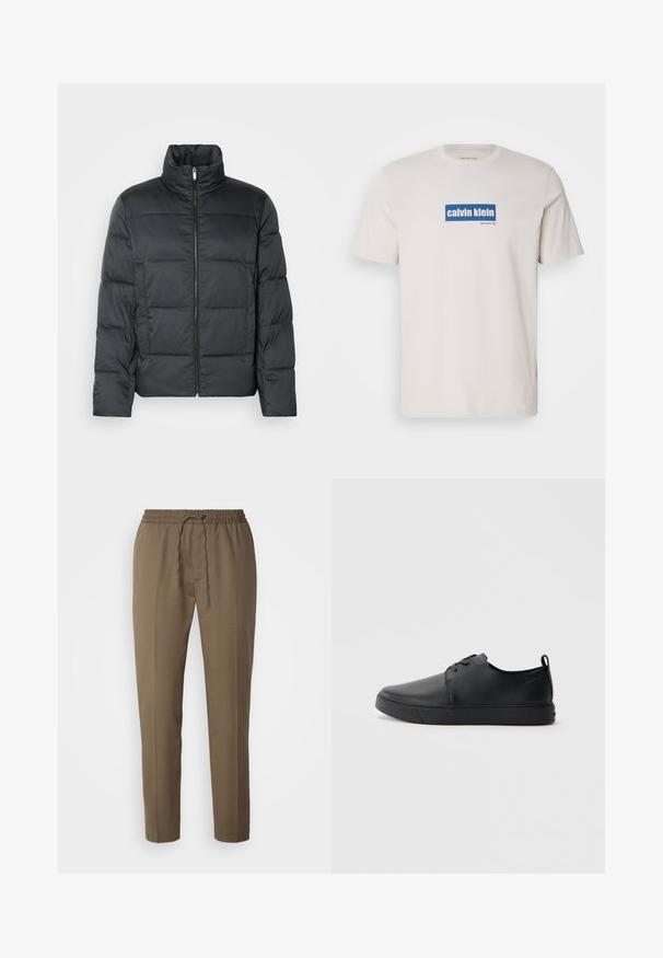 Doudoune noire matelassée avec un col montant, fermeture éclair à l'avant et texture matelassée. Présente une coupe carrée et un motif à carreaux subtil.; T-shirt en coton blanc avec un logo rectangulaire bleu portant le texte "calvin klein" et "new york city" en blanc sur le devant. Coupe classique.; Pantalons légers marron avec une taille élastique et un cordon de serrage. Présente des jambes droites et une texture lisse. Sans poches.; Baskets en cuir noir avec une finition lisse, bout arrondi, coutures ton sur ton, devant à lacets et semelle plate en caoutchouc. Anse au talon.