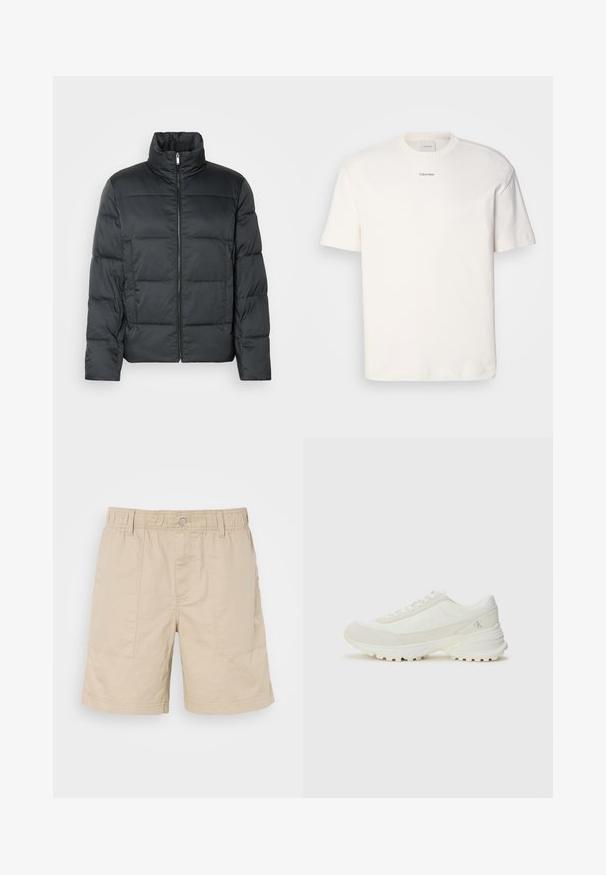 Svart polstret jakke med høy krage, frontglidelås og quiltet tekstur. Har en boksformet fasong og subtil rutete mønster.; Hvit bomulls T-skjorte med rund hals, korte ermer og brodert "Calvin Klein" logo i midten av brystet. Enkel design.; Beige bomullshorts med elastisk midje, framknapp och två sidofickor. Har subtila sömmar och en liten logotyp på sidan.; Hvite sportsko med mesh- og semsket overdel, rund tå, flate snørebånd og en teksturert, tykk gummisåle. Logoer på siden og hælen.