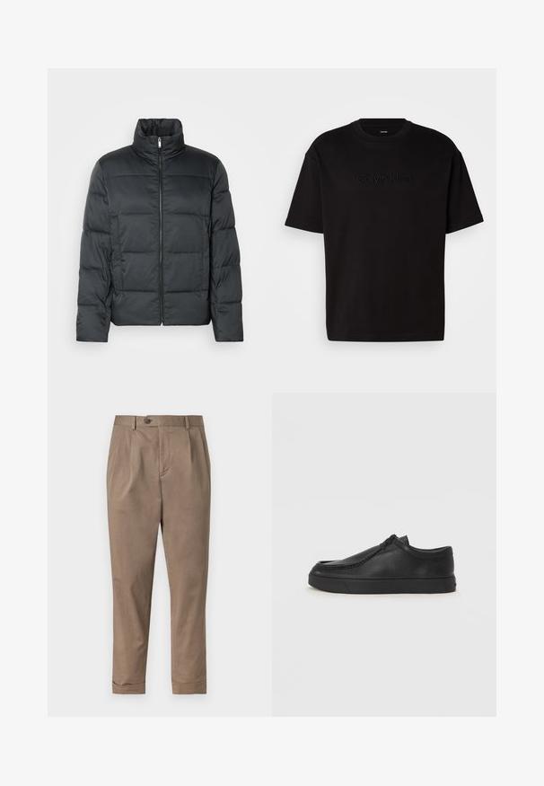 Fekete párnázott dzseki magas gallérral, elülső cipzárral és steppelt textúrával. Kockás alakja van és enyhe kockás mintázattal rendelkezik.; Fekete pamut póló rövid ujjakkal, elülső részén domború "Calvin Klein" logóval, kerek nyakkal és laza szabással.; Khaki színű, szabott fazonú nadrág, elülső redővel, gombos záródással és felhajtott szegéllyel. Könnyű pamut keverék anyagból készült.; Fekete bőr slip-on cipő lekerekített orral, varrott részletekkel és fekete gumitalppal. Simaság és minimalista dizájn jellemzi.