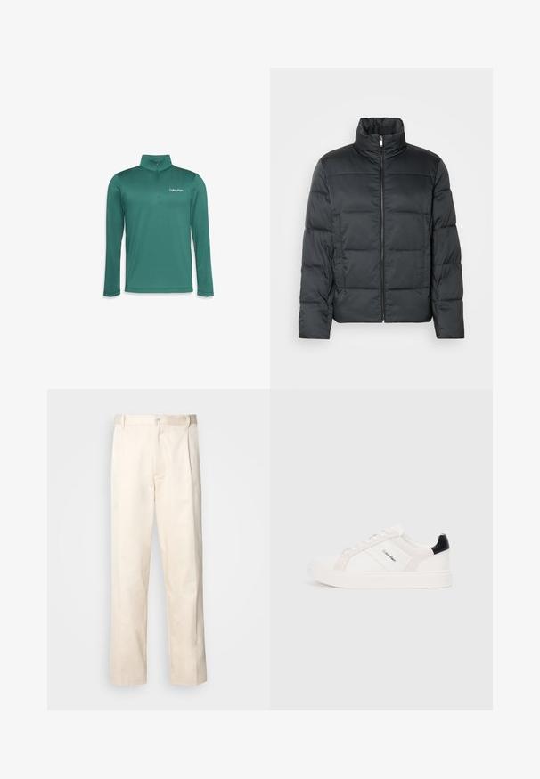 Černá vycpaná bunda s vysokým límcem, předním zipem a prošívanou texturou. Má kvadratický střih a jemný kostkovaný vzor.; Tyrkysový pulovr s dlouhým rukávem a polovičním zipem, vyrobený z lehkého materiálu, s imitovaným límcem a vyraženým logem Calvin Klein na hrudi.; Bežové bavlněné kalhoty se střihy rovného nohavice, s knoflíkovým zapínáním a záhyby vpředu pro zvýraznění detailu.; Bílé tenisky s jemně růžovými a černými akcenty, s hladkou koženou a semišovou částí, kulatou špičkou a plochou gumovou podrážkou.