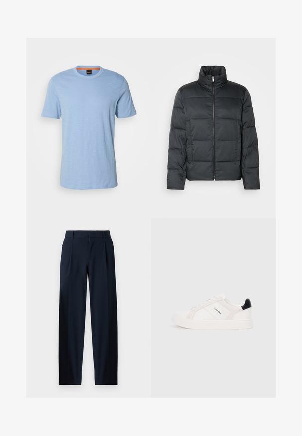 Črna podložena jakna z visokim ovratnikom, sprednjim zadrgo in prešitimi teksturami. Ima kvadratno obliko in subtilen kari vzorec.; Svetlo modra majica s kratkimi rokavi, narejena iz mehke tkanine. Ima okrogel izrez in subtilno reliefno logotip na prsih.; Temno modri hlače z gladko teksturo, širokim krojem, sprednjimi pregibi, zankami za pas in z zip zapiranjem. Primerne za formalno ali priložnostno nošenje.; Beli športni čevlji z svetlo roza in črnimi detajli, ki imajo gladke usnjene in semiš panele, okroglo konico in plitki gumijasti podplat.