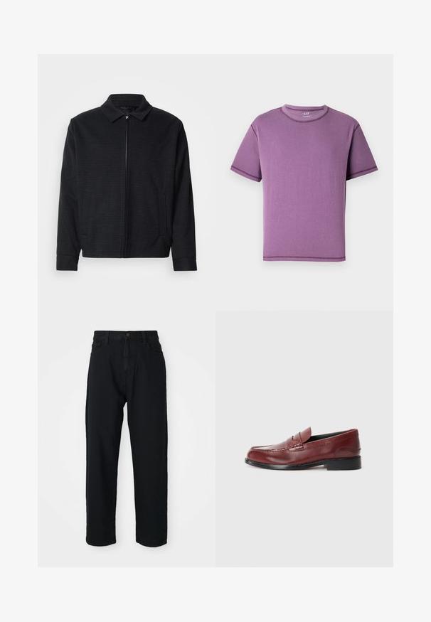 Schwarze Jacke mit strukturiertem Gewebe, Reißverschluss vorne, spitzem Kragen und zwei Seitentaschen. Mit elastischen Bündchen und geradem Saum.; Lila T-Shirt mit kurzen Ärmeln aus weicher Baumwolle, mit Rundhalsausschnitt und kontrastierenden Nähten entlang der Nähte.; Schwarze Jeans mit geradem Schnitt. Verfügt über ein klassisches Fünf-Taschen-Design, Knopfverschluss und subtile Stofftextur.; Burgunderfarbene Leder-L loafers mit glatter Oberfläche, dekorativer Naht und runder Zehenpartie. Mit niedrigem schwarzen Absatz.