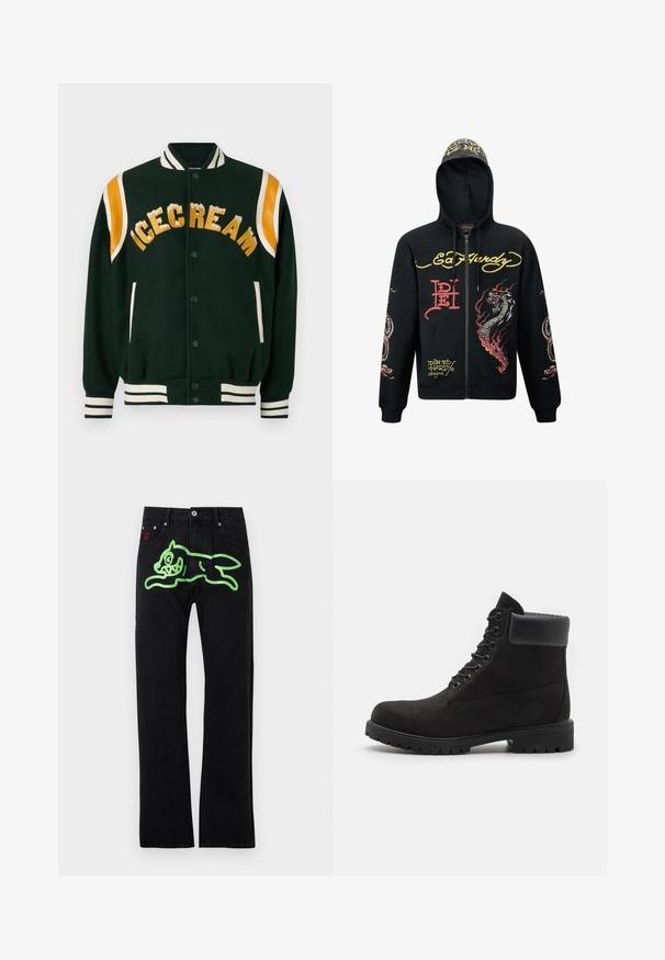 Dark green varsity jacket with "ICECREAM" embroidered in gold, orange leather shoulder accents, and white striped ribbed cuffs and collar.; Black zip-up hoodie with a hood, featuring colorful dragon and snake graphics, textured fabric, ribbed cuffs, and logo accents.; White cotton t-shirt with a v-neck and short sleeves. Features a small colorful embroidered logo on the left chest. Soft texture.; Black jeans with a straight cut, featuring a large green graphic of a running cartoon cat on the back. Silver hardware accents.; Black lace-up ankle boot with padded collar and rugged sole, shown in profile against a white background.
