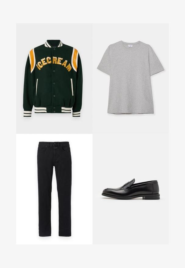 Tamnozeleni jakna s varšavskim stilom s vezom „ICECREAM“ u zlatnoj boji, narančasti kožni naglasci na ramenima te bijele prugaste rebraste manžete i ovratnik.; Siva majica s kratkim rukavima napravljena od mekane, teksturirane tkanine. Ima klasičan izrez oko vrata i ravni rub, prikladna za svakodnevno nošenje.; Crne traperice uskog kroja, s klasičnim dizajnom od četiri džepa, petljama za remen i zatvaranjem na dugme. Glatka tekstura, bez vidljivih uzoraka.; Crni kožni mokasini s glatkom teksturom, zaobljenim prstima i ukrasnom trakom preko prednjeg dijela. Niski slojeviti potplat, minimalistički dizajn.